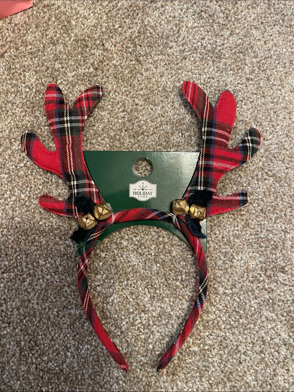 Holiday Time Red Plaid Reindeer Antler Headband with Jingle Bells